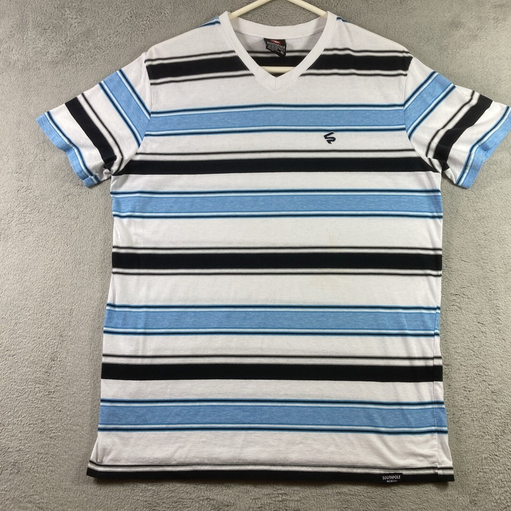 Southpole Shirt Adult XL Striped V Neck Pullover Short Sleeve Colorful Tee READ